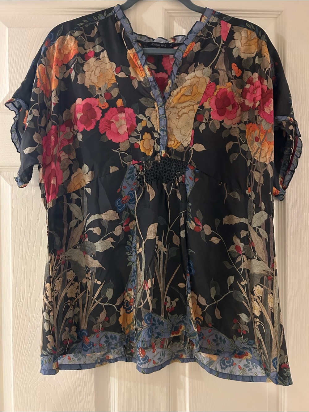 Johnny Was Women’s V-Neck Blouse - Black with Pink & Yellow Flowers. Silk